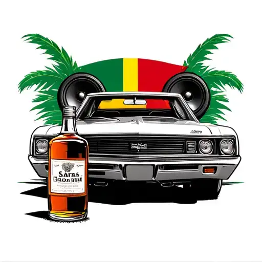 Guyana Flag With Car With Subwoofers With Dominions And A Bottle Of El Sara's Rum