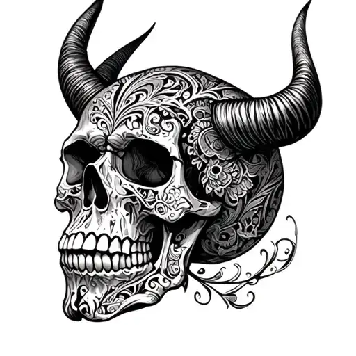 Simple Skull With Devil Horns And Covered In Paisley Pattern