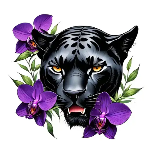 Black Panther With Purple Orchids Intertwined