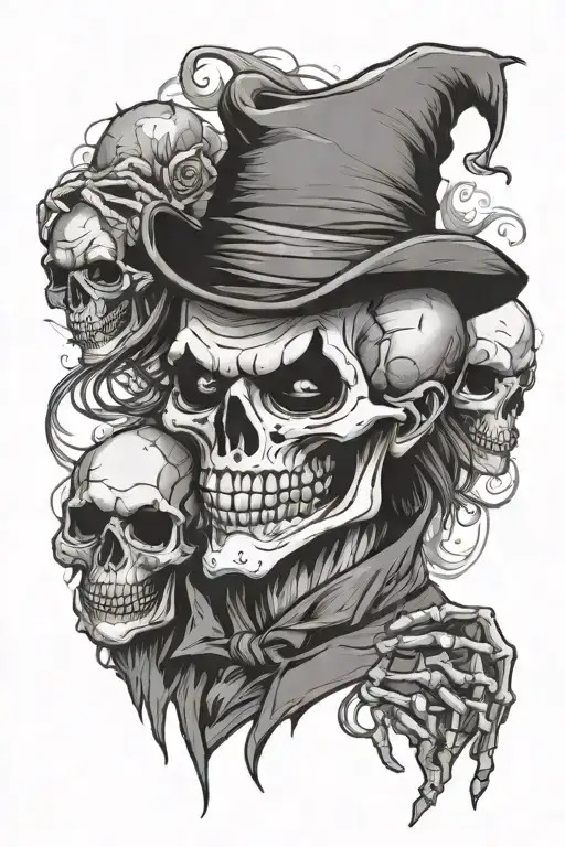 Skeleton Joker Choosing Betwin A Happy Face Mask Or A Sad Mask Face In Each Hand