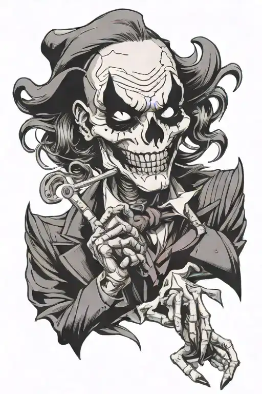 Skeleton Joker Choosing Betwin A Happy Face Mask Or A Sad Mask Face In Each Hand