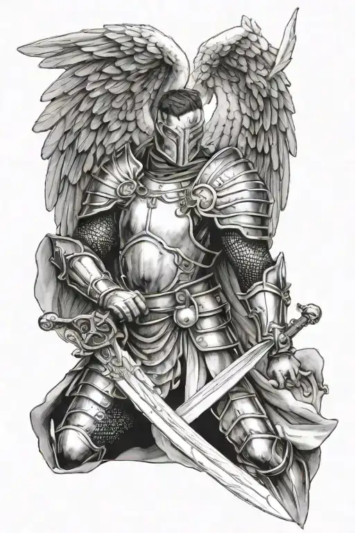 A Man Angel In Armor Looks Up And Spreads His Arms