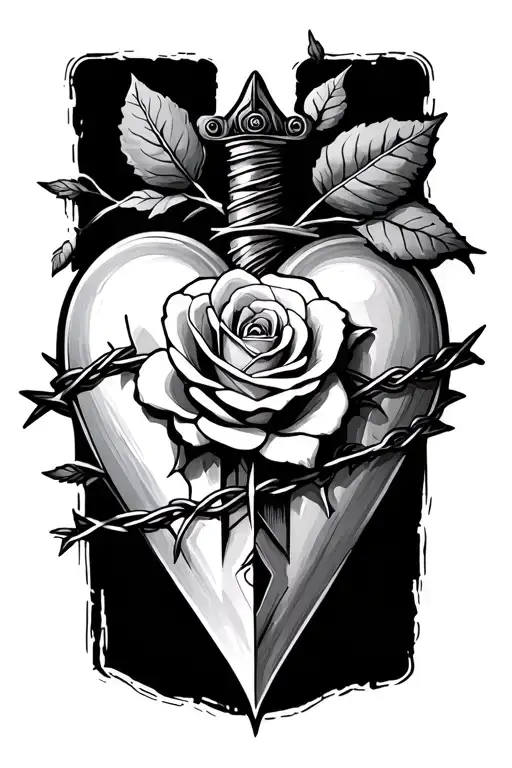 Heartbroken Dagger With A Rose Wrapped With Barb Wire