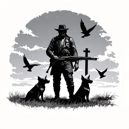 Silhouette Man With Shotgun Dog On Point Birds And Cross In Background Of A Sky