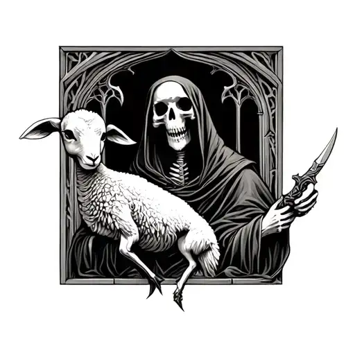 A Lamb Facing A Cloaked Skeleton Who Is Holding A Cythe Framed By A Cathedral Window