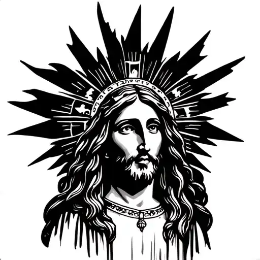 Jesus Christ And Virgen De Guadalupe Chest Tattoo With Rays Coming Down From The Collarbone