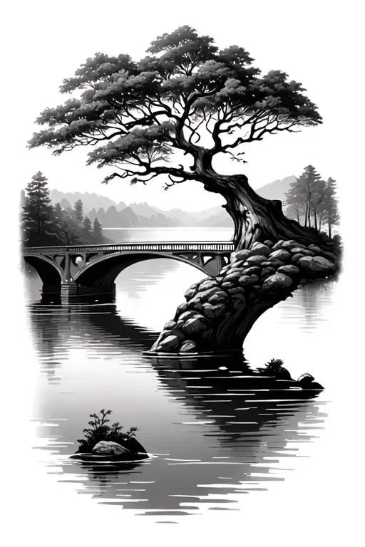 Tree And Water And Bridge Leading