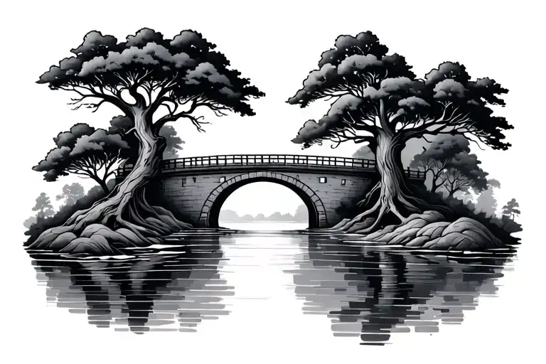 Tree And Water And Bridge Leading
