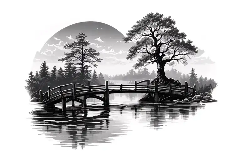 Tree And Water And Wooden Bridge