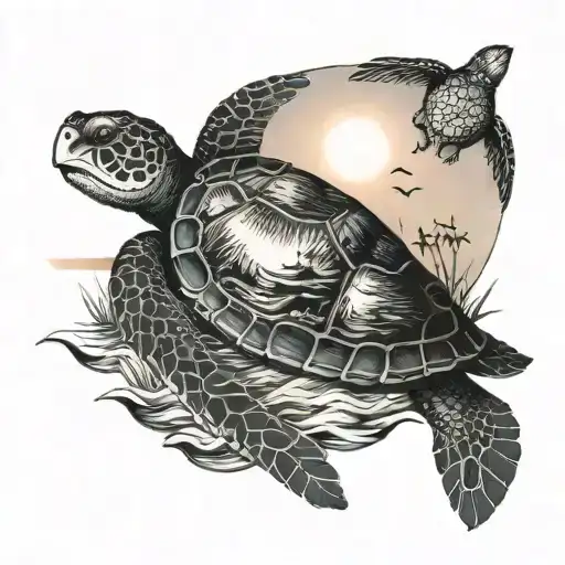 Turtle In Water With Sunset And Boat And People Around