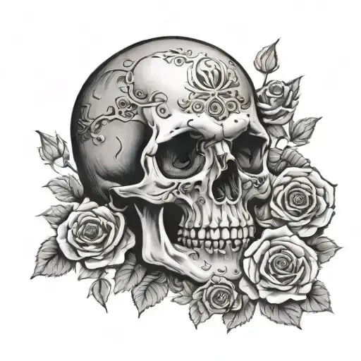 Skull And Roses With Words Mors Mihi Lucrum