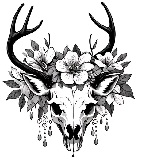Deer Taurus Skull With Drooping Hearts And Liles Flowers As The Flower Crown