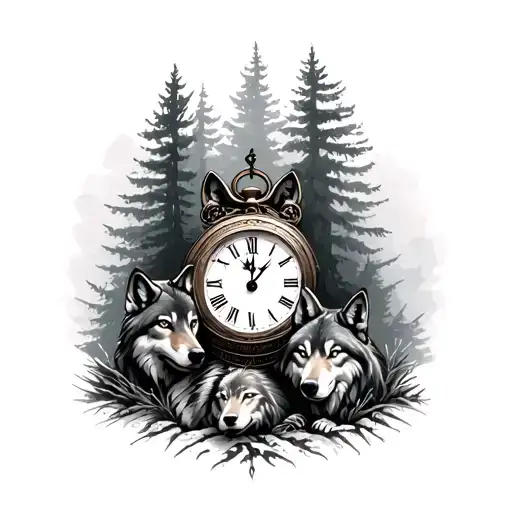 Pine Forest With Pocket Clock And Wolves