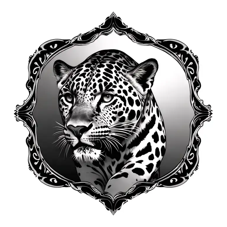 Black And White Leopard Mirrored Tattoo On Lower Back Looking Like It's Jumping Forwards Fine Line