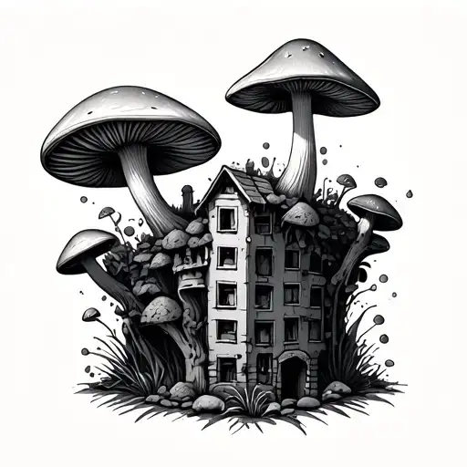 Minimalist Sketch Of A Mushroom Growing Out Of Buildings