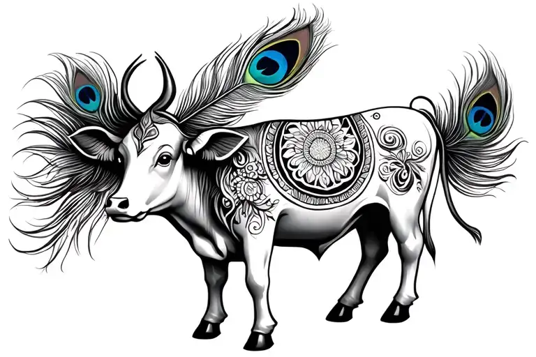 Kamdhenu Cow With Peacock Feather With Krishna Mantra