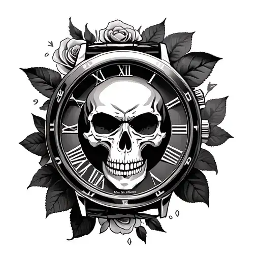 A Watch With Skull Drawn Inside And The Time Is Roses Make This Tattoo Total Black