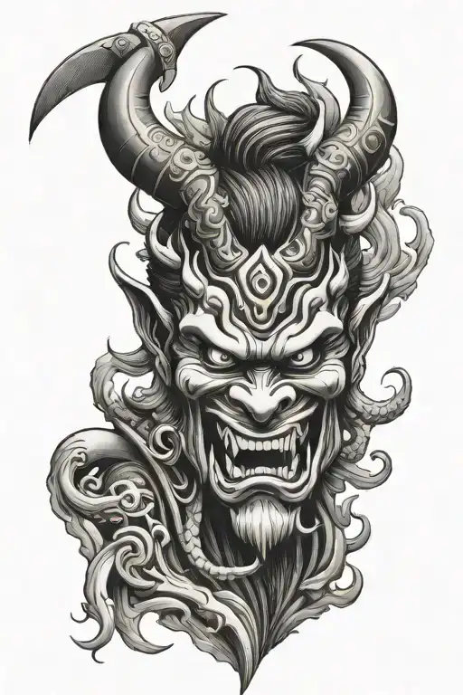 A Japanese Oni Mask Tattoo That Has Some Tex As Well