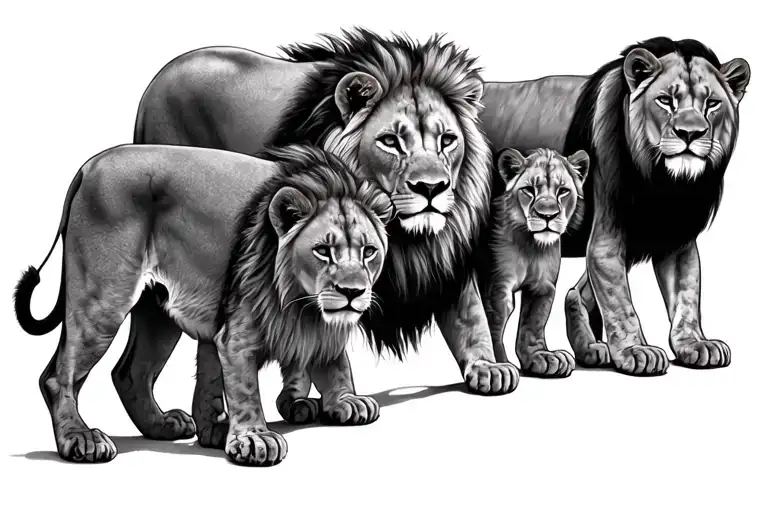 Lion And Lioness Watching Over Cubs Walking