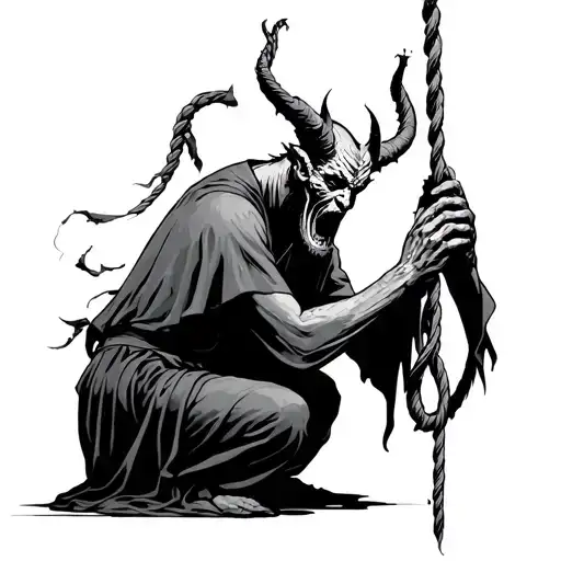 Demon Holding A Noose While A Priest Kneels And Prays Infront Of Him