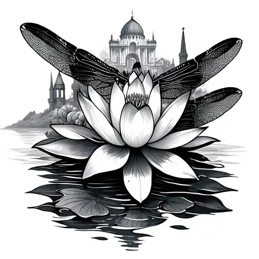 Dragonfly Lotus Flower Surrounded Travel Landmarks
