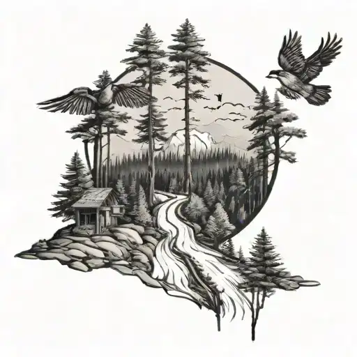Road Through Forrest With Trees Mountains And Birds