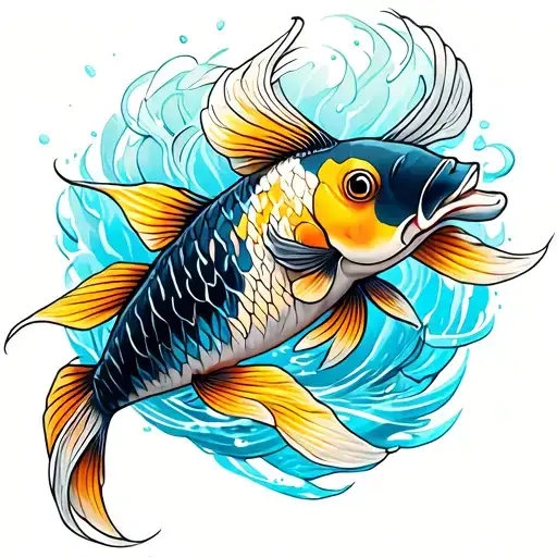 Small Koi Fish Tattoo Male Calf Thin Lines Blue Yellow