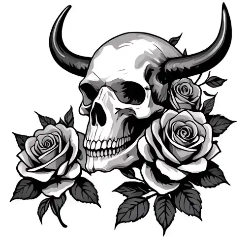 Bull Skulll And Roses Intertwined