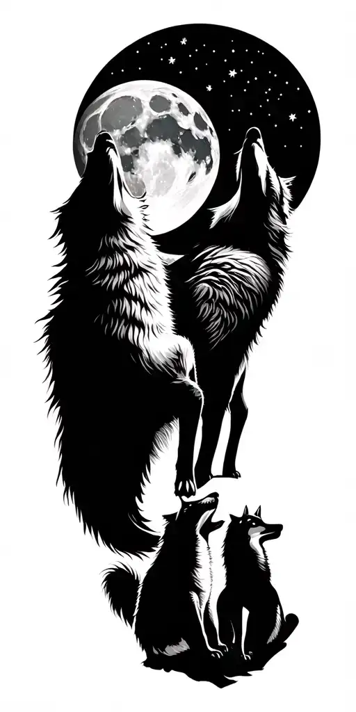 Wolf Family Howling At The Moon Surrounded
