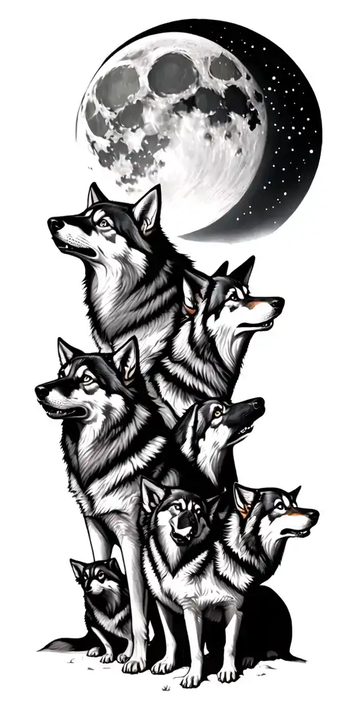 Wolf Family Of 7 Howling At The Moon Surrounded