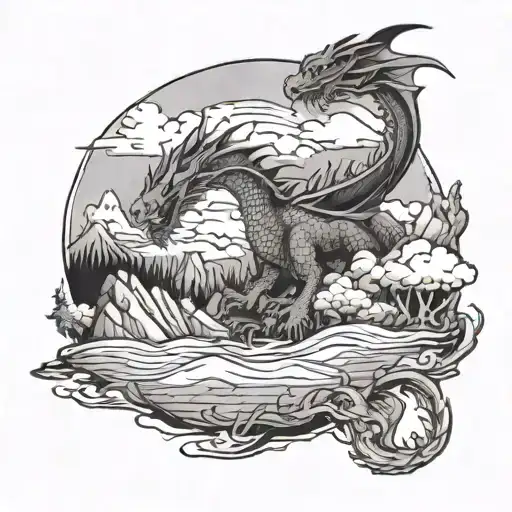 A Mountain Landscape With A Dragon Flying Overhead And A Family Of Fish Swimming Below