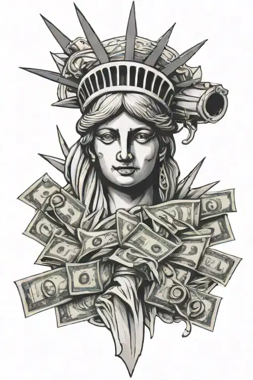 Statue Of Liberty Holding Money And Gun Shooting
