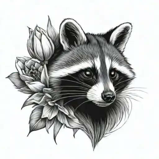 Realistic Raccoon Face With Tulips