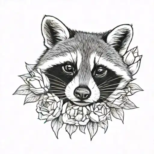 Realistic Raccoon Face With Tulips