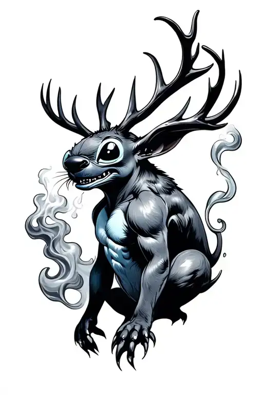 Stitch Mixed With A Wendigo Breathing Smoke Swirling