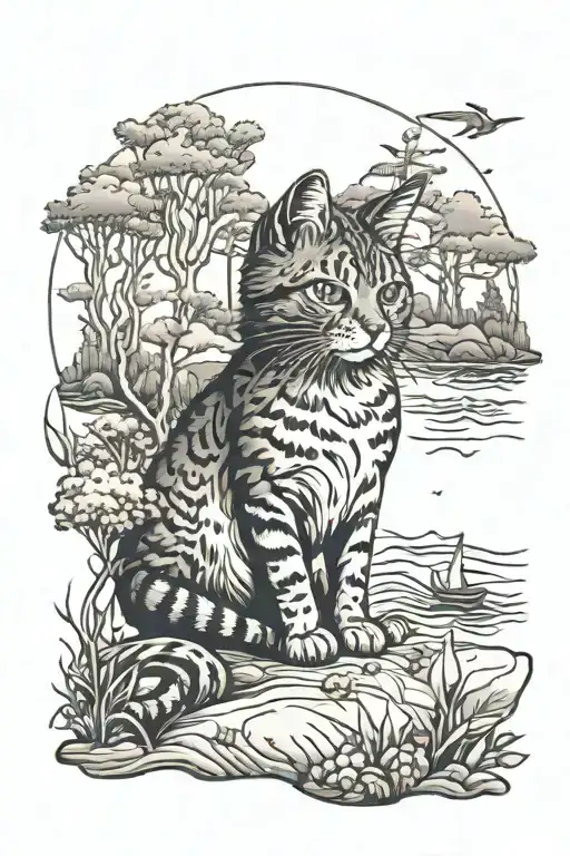 Woods And Ocean Scene With Small Cat Sitting