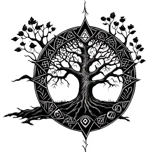 The Tree Of Life Inside The Nordic Witch And Under The Valknut And The Vegvisir