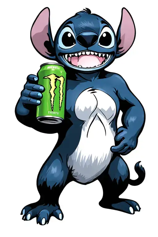 Disney Stitch With Ohana Whilst Holding A Monster Energy Can