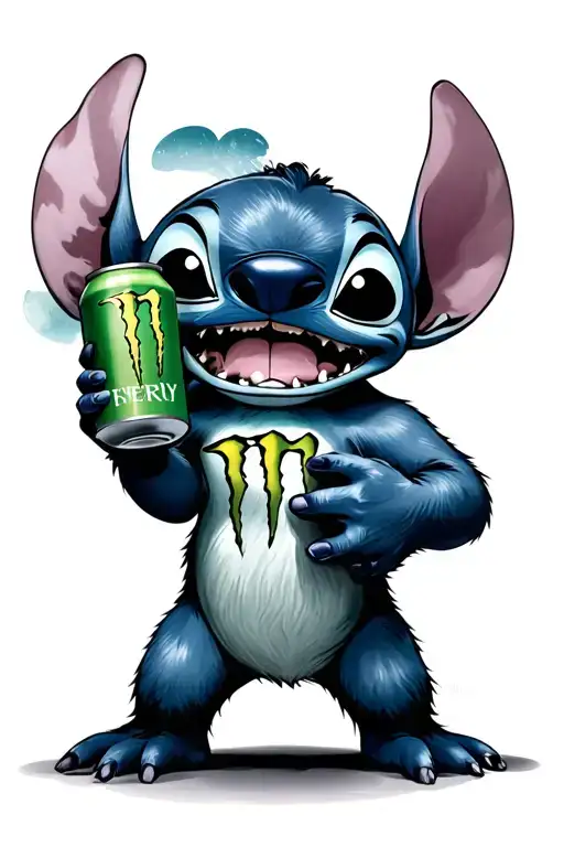 Disney Stitch With Ohana Whilst Holding A Monster Energy Can Realistic Black And White