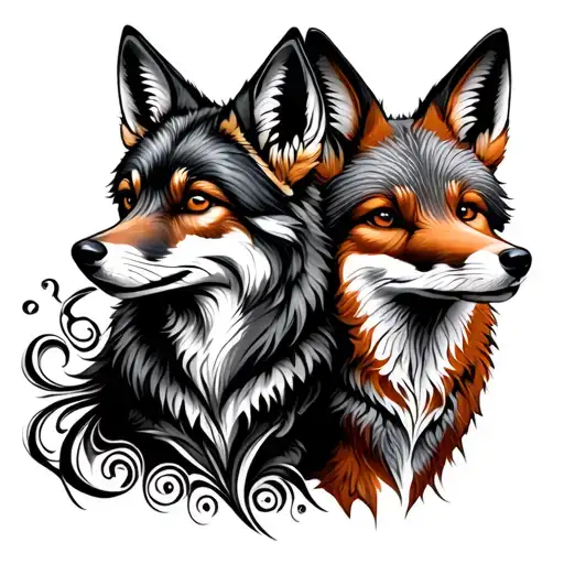 A Coyote And A Fox Back To Back With A Swirly Design That Goes Down The Arm