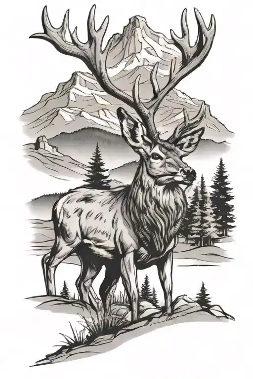 Mule Deer With Trees And Mountains Behind It