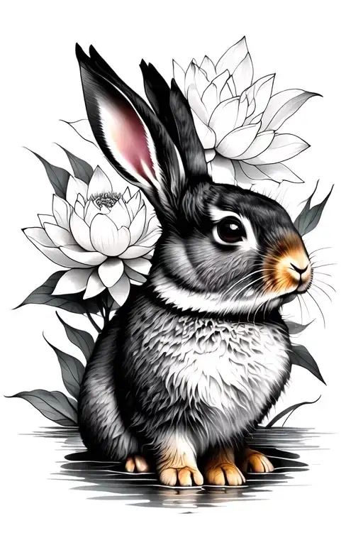 A Top Half Of Rabbit With Lotus Flowers Surrounding It Going Behind It At The Top