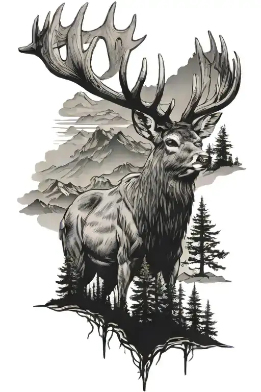 Mule Deer With Trees And Mountains Behind It