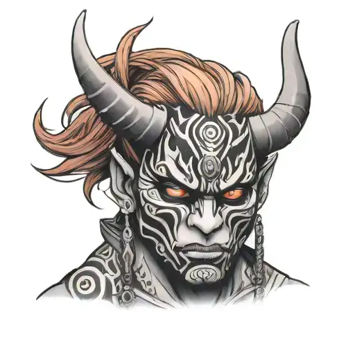 Boy With Red Hair And Black Eyes Wearing An Oni Mask