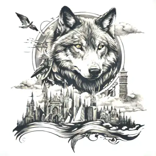 A Black-grey Tattoo Of A Majestic Wolf Exploring Different Landmarks From Around The World