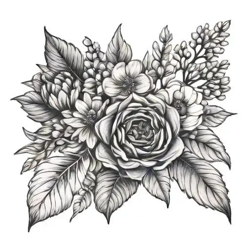 January And July Birth Flower Bouquet Fine Line Drawing