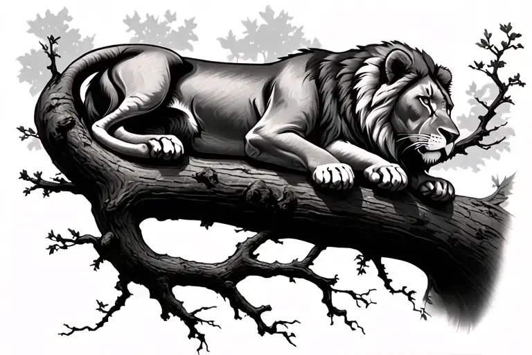 A Lion Lying On A Tree Branch