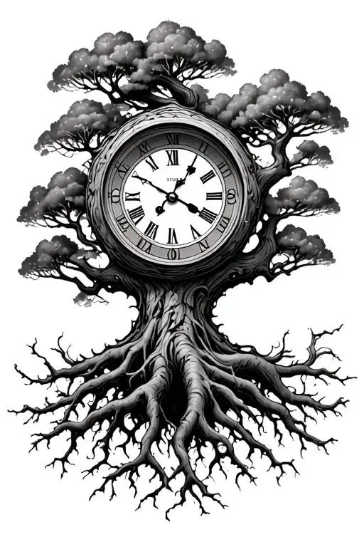 Bare Branch Tree With Thick Roots And Clock