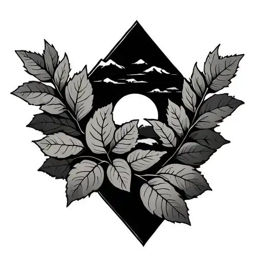 Vine Leaves With Sun And Monountain