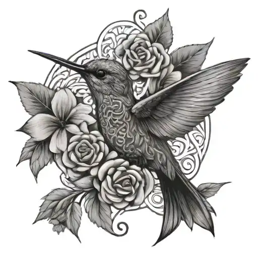 A Humming Bird Made Out Of Celtic Knots With Pretty Flowers Around It